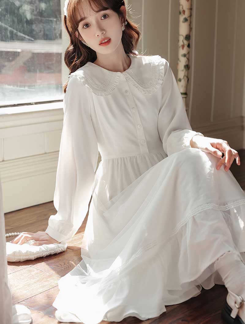 Sweet Retro White Doll Collar Long Sleeve Summer Casual Maxi Dress02
