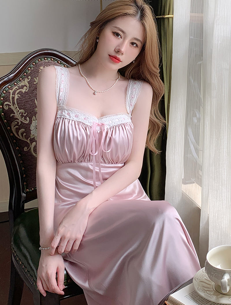 Sweet Satin Lace Long Sleepwear Home Casual Dress for Ladies04