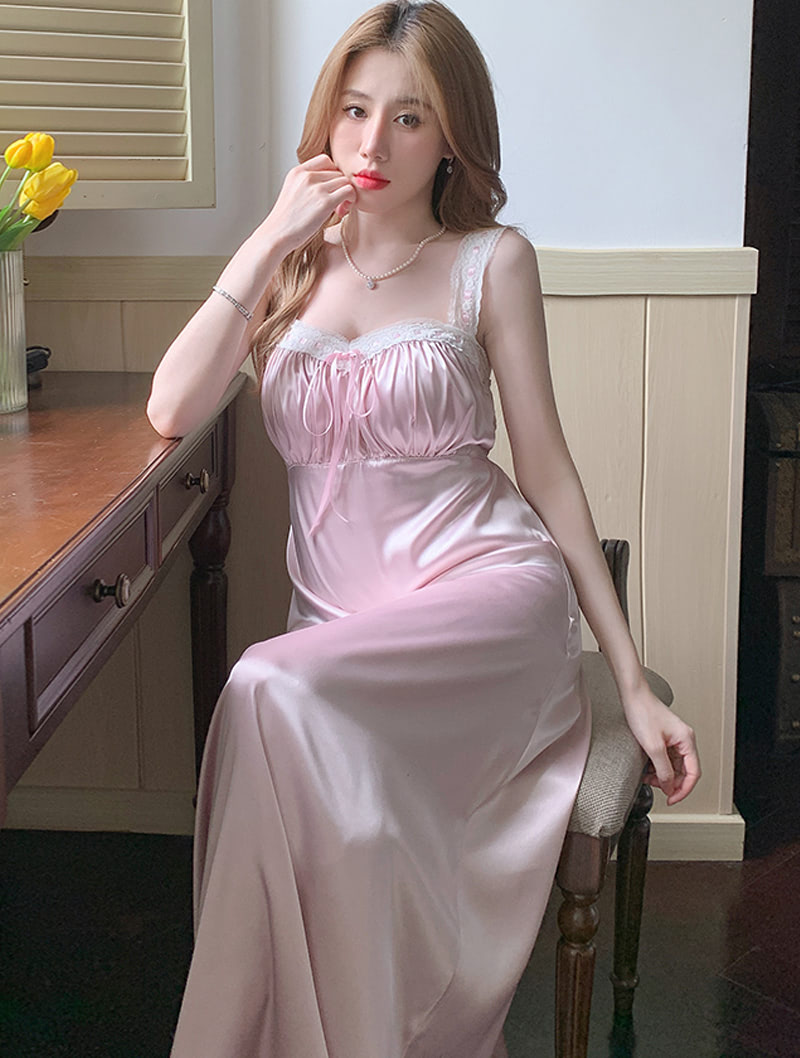 Sweet Satin Lace Long Sleepwear Home Casual Dress for Ladies01