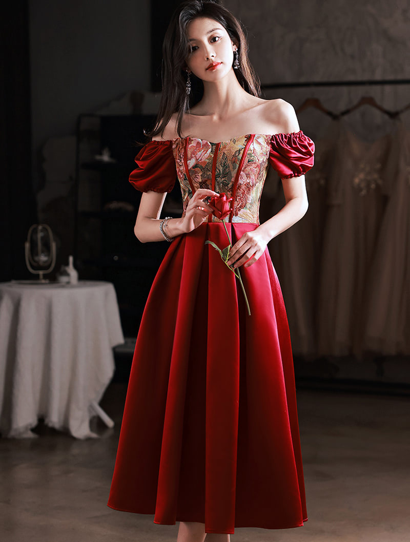 Unique Vintage Floral Evening Wine Red Party Midi Dress with Sleeves01