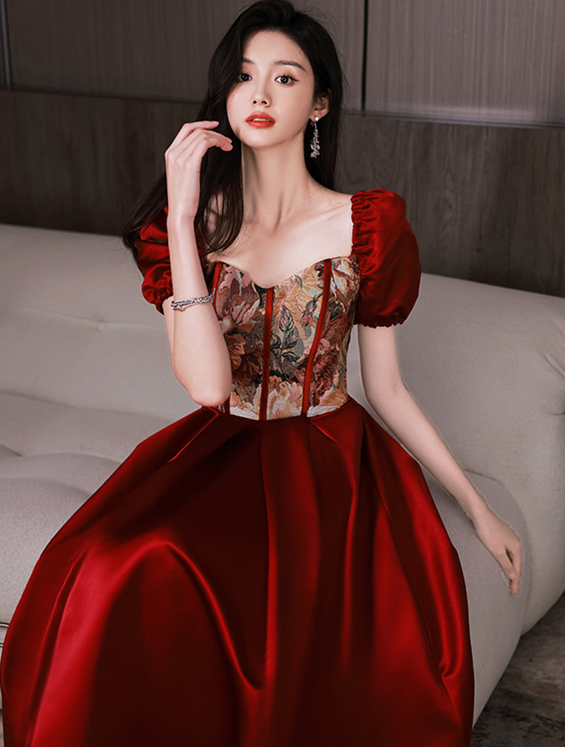 Unique Vintage Floral Evening Wine Red Party Midi Dress with Sleeves01