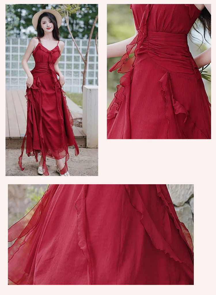 Vintage-French-Style-Red-V-Neck-Ruffle-Skirt-Casual-Beach-Slip-Sundress09