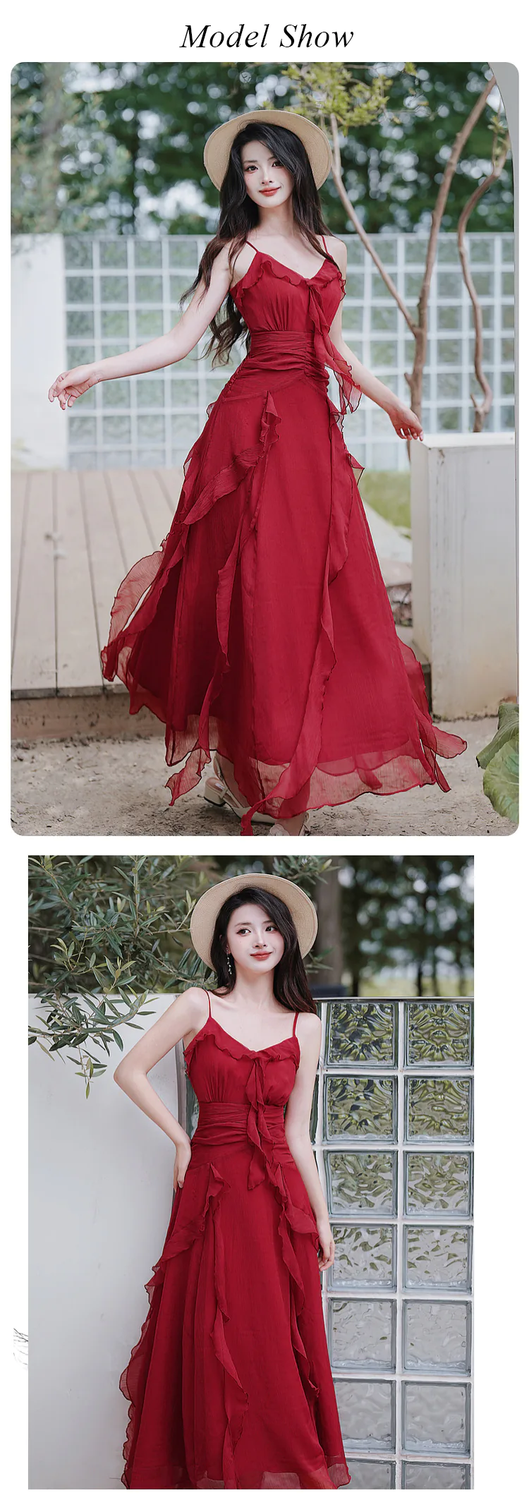 Vintage-French-Style-Red-V-Neck-Ruffle-Skirt-Casual-Beach-Slip-Sundress10