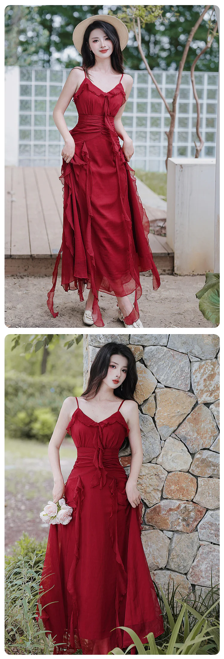 Vintage-French-Style-Red-V-Neck-Ruffle-Skirt-Casual-Beach-Slip-Sundress11