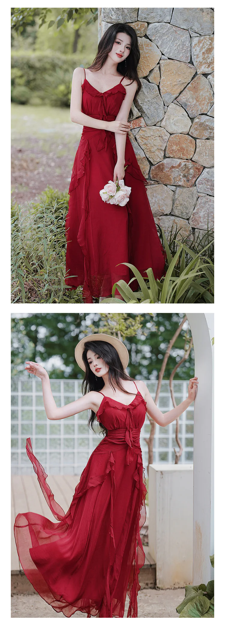 Vintage-French-Style-Red-V-Neck-Ruffle-Skirt-Casual-Beach-Slip-Sundress12