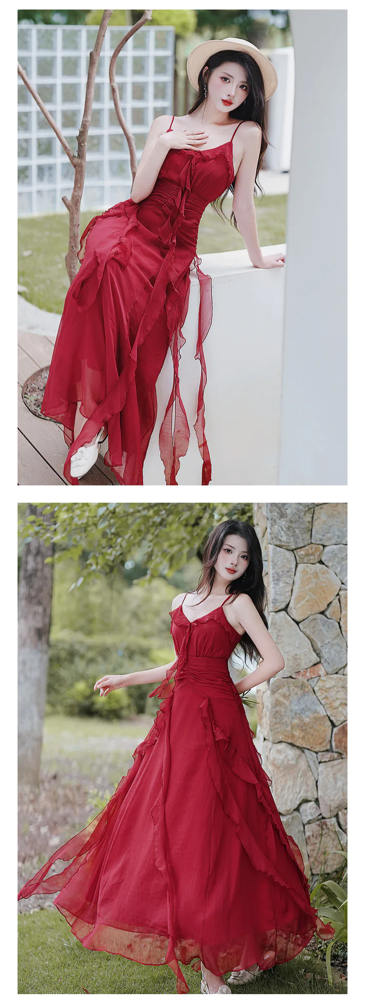 Vintage-French-Style-Red-V-Neck-Ruffle-Skirt-Casual-Beach-Slip-Sundress13