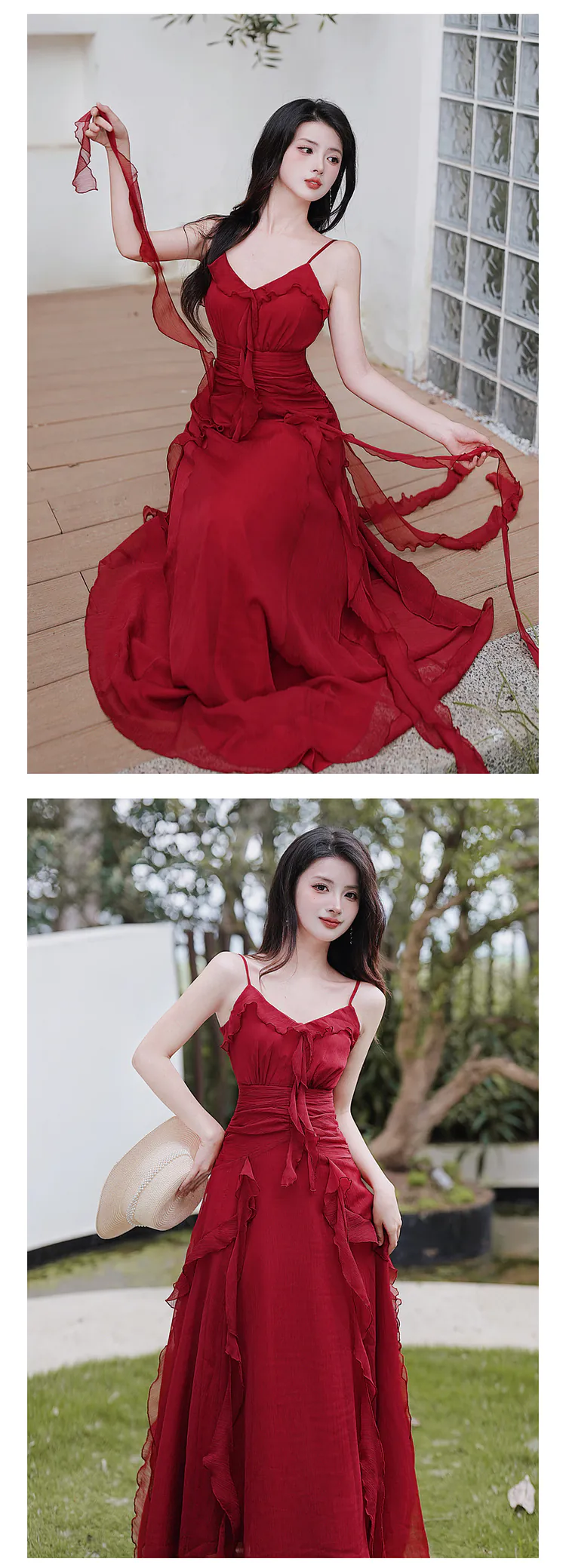 Vintage-French-Style-Red-V-Neck-Ruffle-Skirt-Casual-Beach-Slip-Sundress14