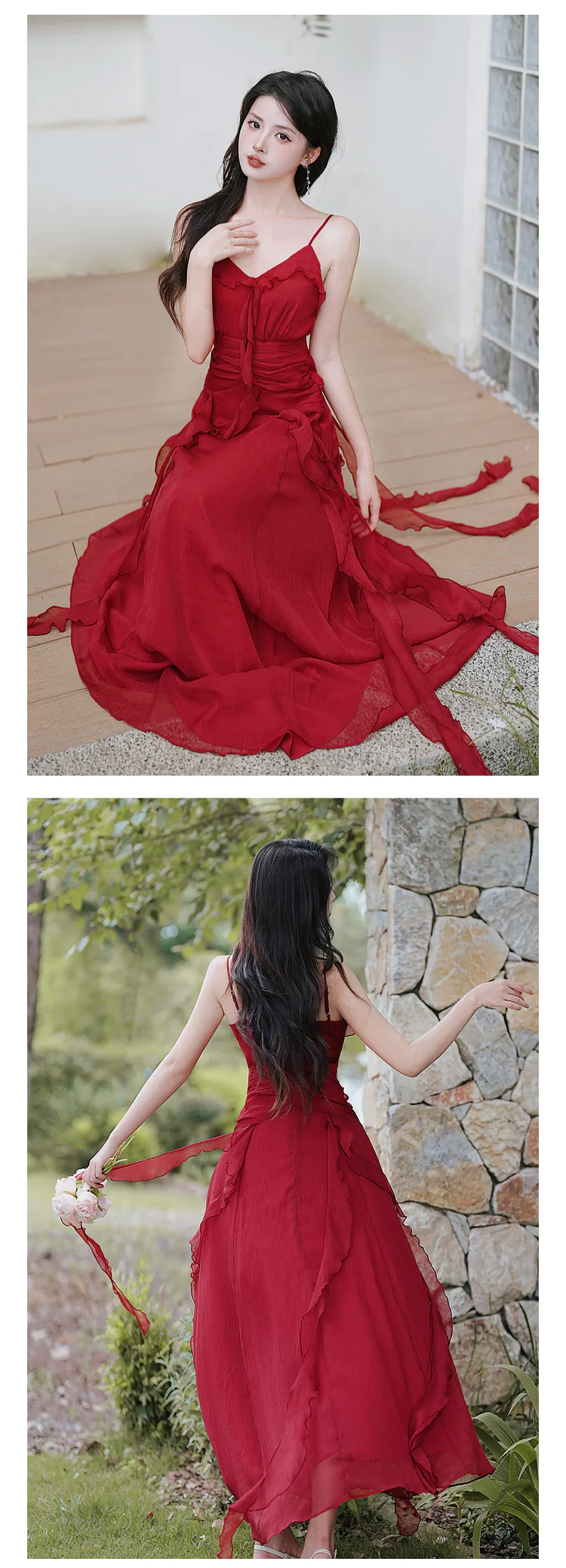 Vintage-French-Style-Red-V-Neck-Ruffle-Skirt-Casual-Beach-Slip-Sundress15