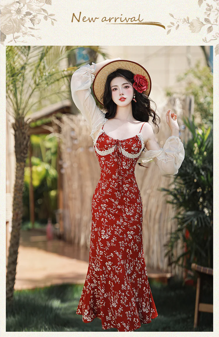 Cottagecore-French-Vintage-Red-Floral-Casual-Strap-Dress-with-Cardigan-Set07