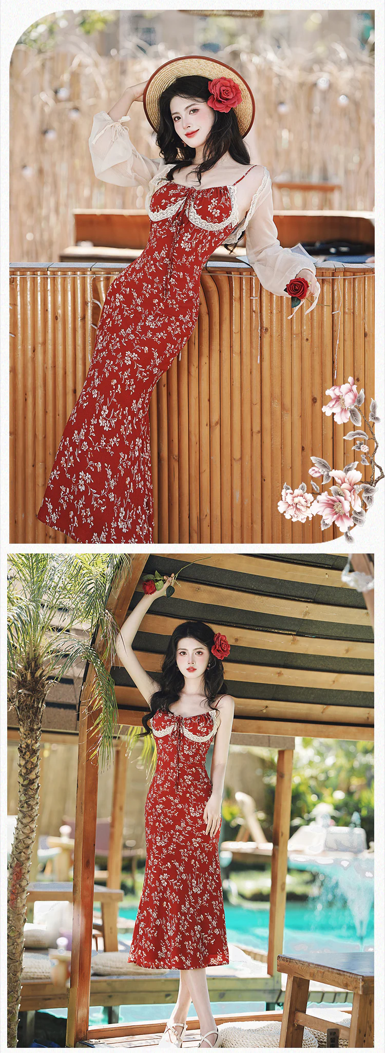 Cottagecore-French-Vintage-Red-Floral-Casual-Strap-Dress-with-Cardigan-Set15