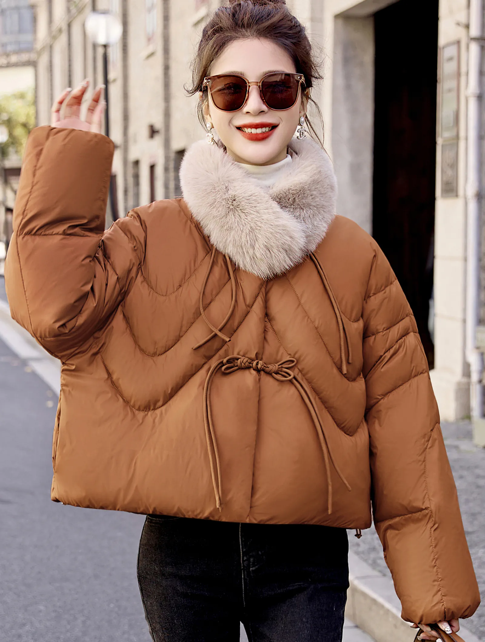 Cozy Fur Collar White Duck Down Pankou Puffer Jacket for Ladies01