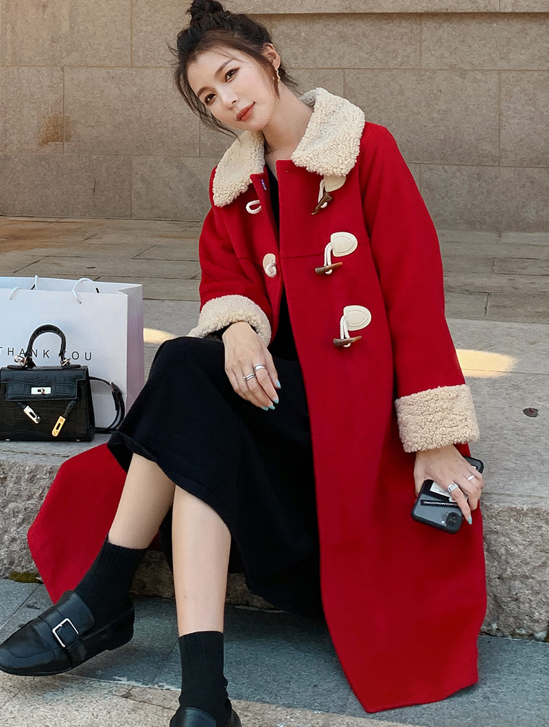Fashion Red Oversize Knee Length Woolen Casual Coat for Ladies02