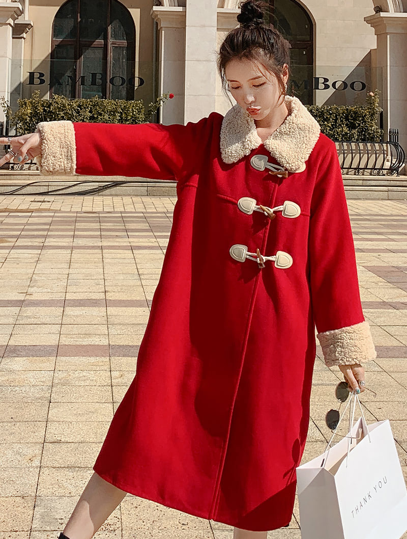 Fashion Red Oversize Knee Length Woolen Casual Coat for Ladies04