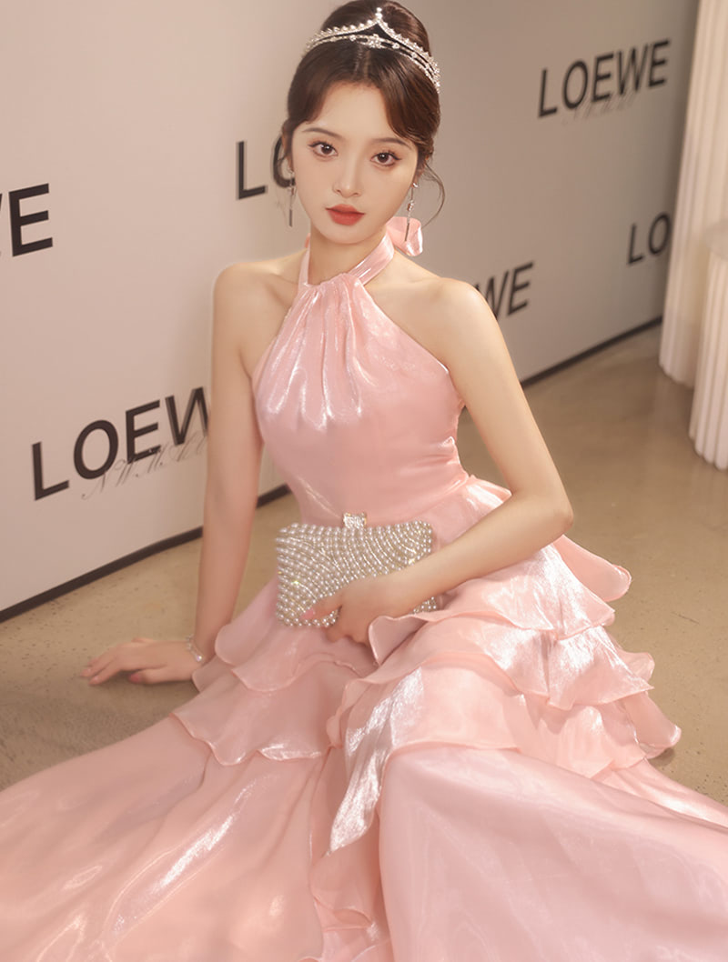 Feminine Sexy Pink Ruffle Layered Prom Dress Chic Formal Ball Gown02