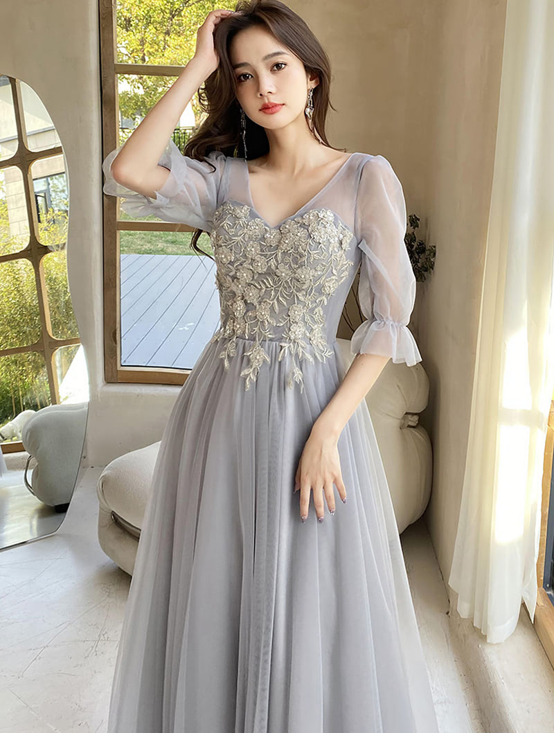 Floral Embroidery Gray Bridesmaid Party Formal Maxi Long Dress01