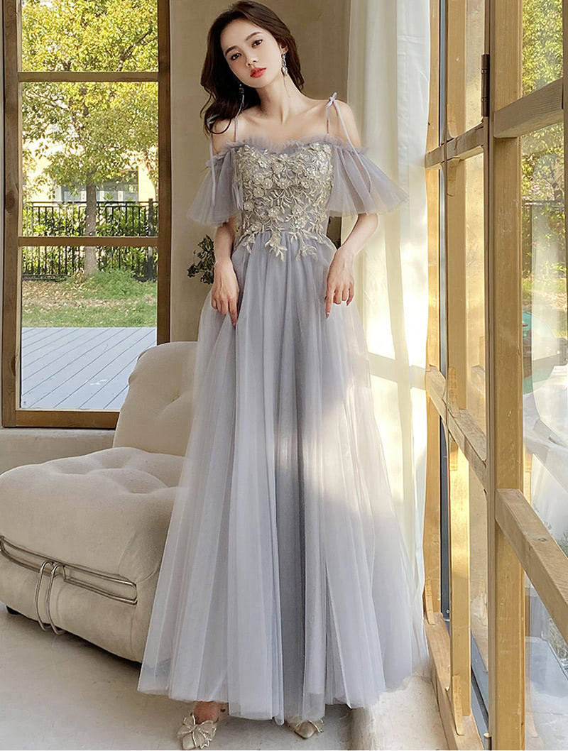 Flower Embroidery Prom Dress Silver Gray Long Evening Dress 