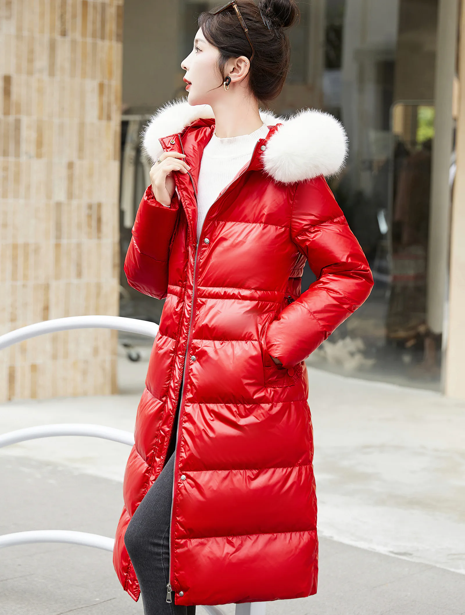 Ladies Fashion Casual Loose Fit Faux Fur Collar Puffer Jacket Coat02