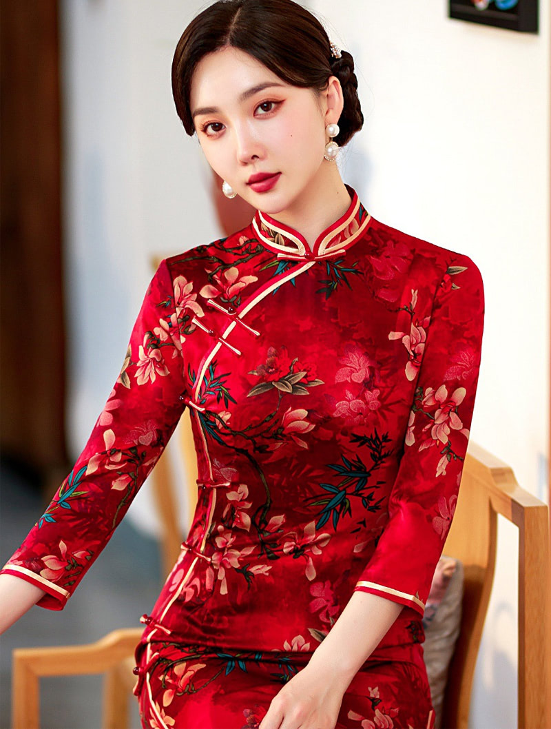 Mandarin Collar Short Sleeve Floral Slit Cheongsam Qipao Long Dress01
