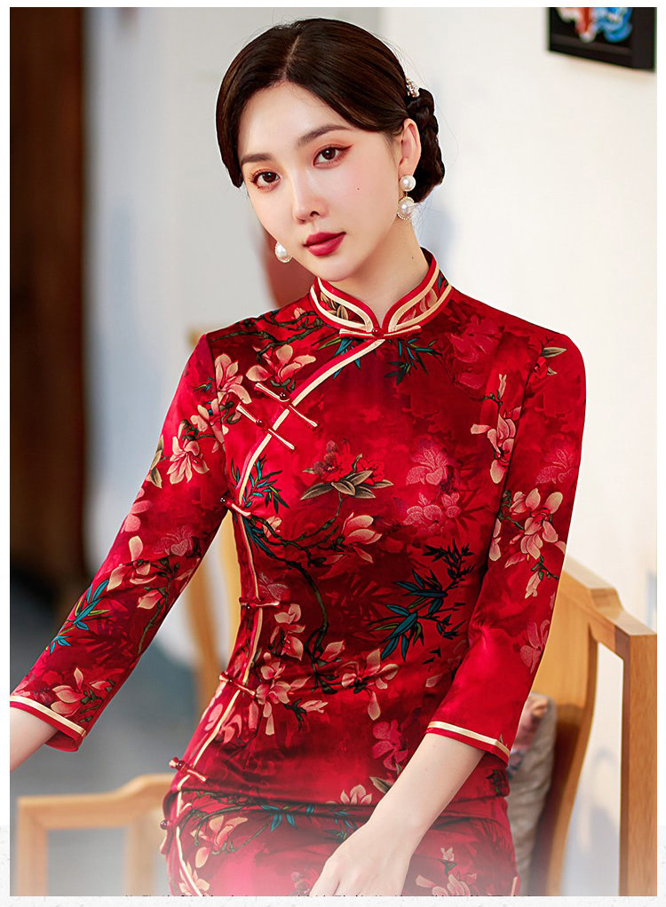 Mandarin-Collar-Short-Sleeve-Floral-Slit-Cheongsam-Qipao-Long-Dress08