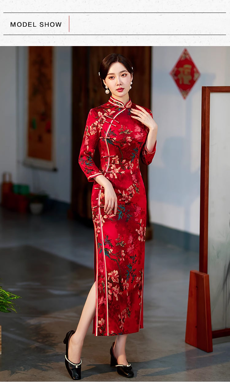 Mandarin-Collar-Short-Sleeve-Floral-Slit-Cheongsam-Qipao-Long-Dress10