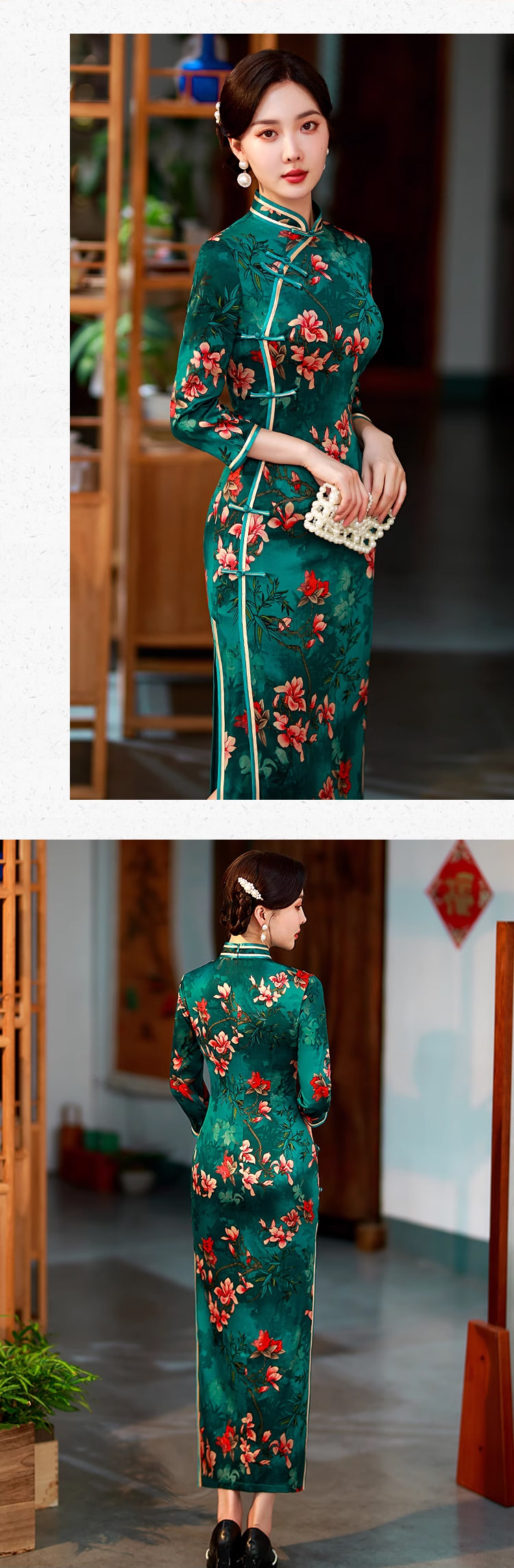 Mandarin-Collar-Short-Sleeve-Floral-Slit-Cheongsam-Qipao-Long-Dress15