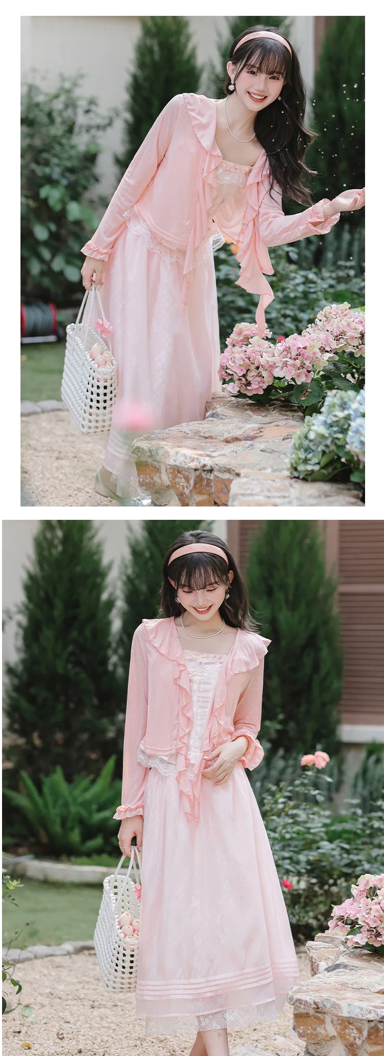 Romantic-Pastel-Pink-Floral-Camisole-Top-Layered-Skirt-Sheer-Cardigan-Set16