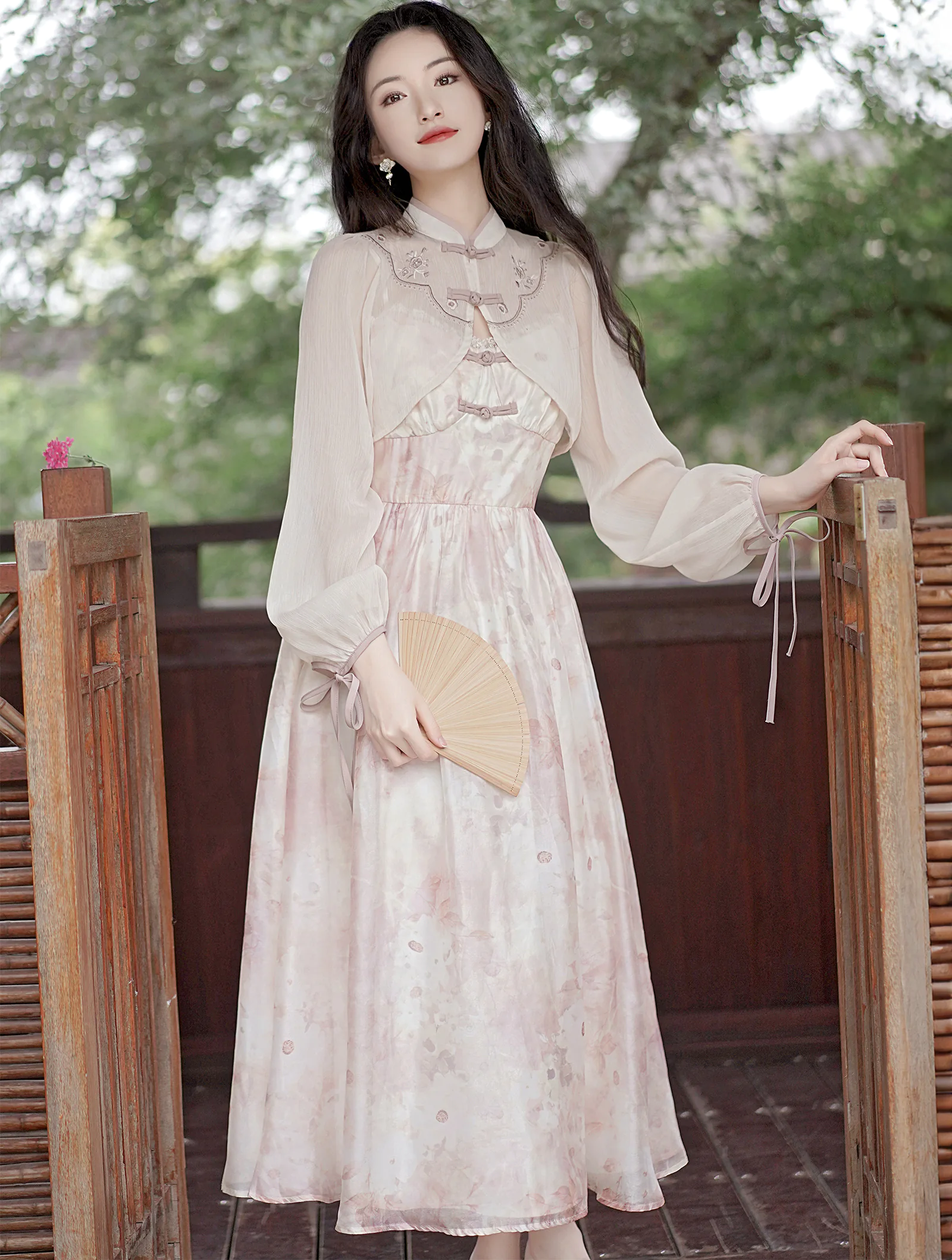 Romantic Soft Pink Floral Casual Dress with Chiffon Sun Protection Top01