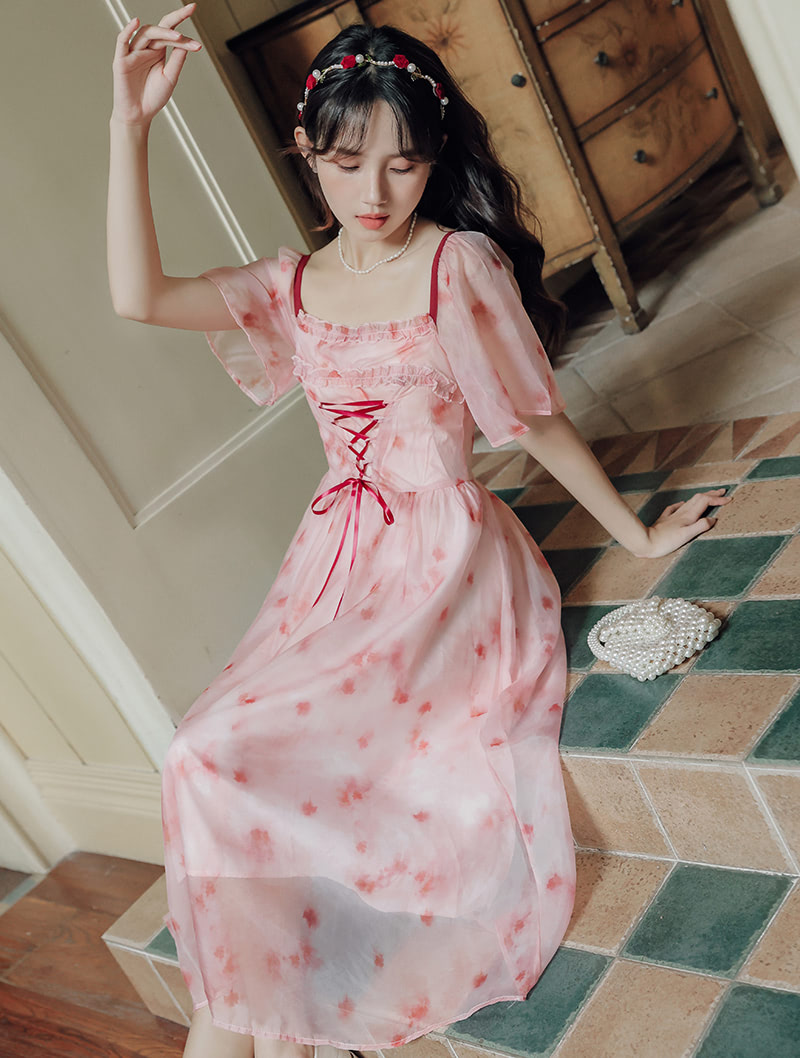 Square Neck Peach Pink Floral Print Dyed Summer Casual Sun Dress02