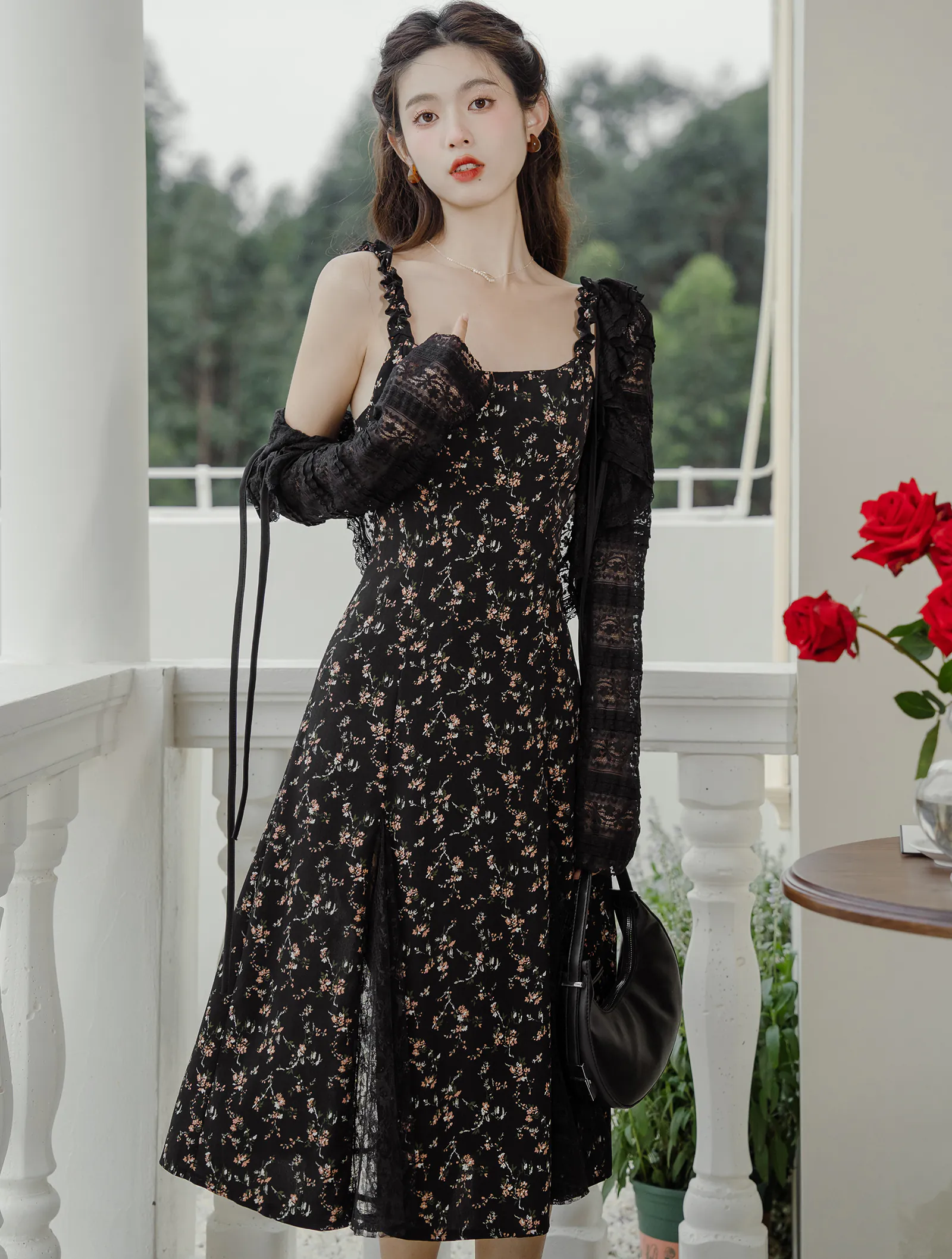 Sweet Ladies Black Lace Patchwork Floral Camisole Dress with Cardigan01