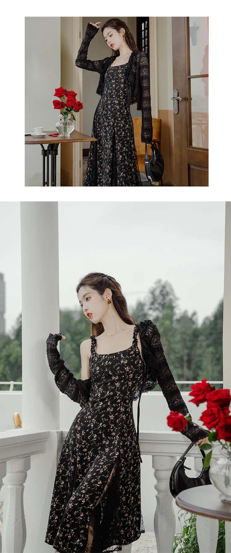 Sweet-Ladies-Black-Lace-Patchwork-Floral-Camisole-Dress-with-Cardigan10