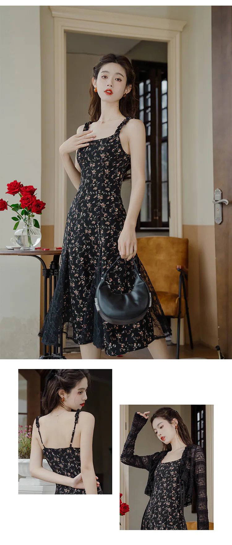 Sweet-Ladies-Black-Lace-Patchwork-Floral-Camisole-Dress-with-Cardigan11
