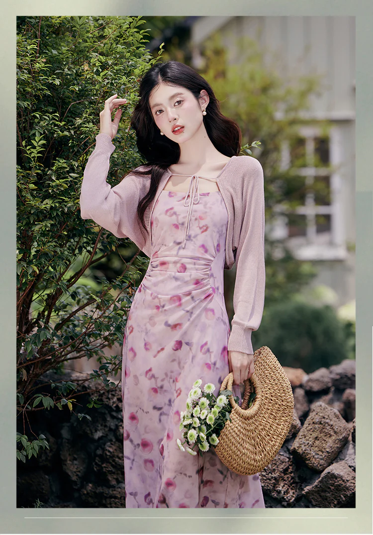 Sweet-Ladies-Pink-Ombre-Floral-Print-Halter-Casual-Dress-with-Cardigan07