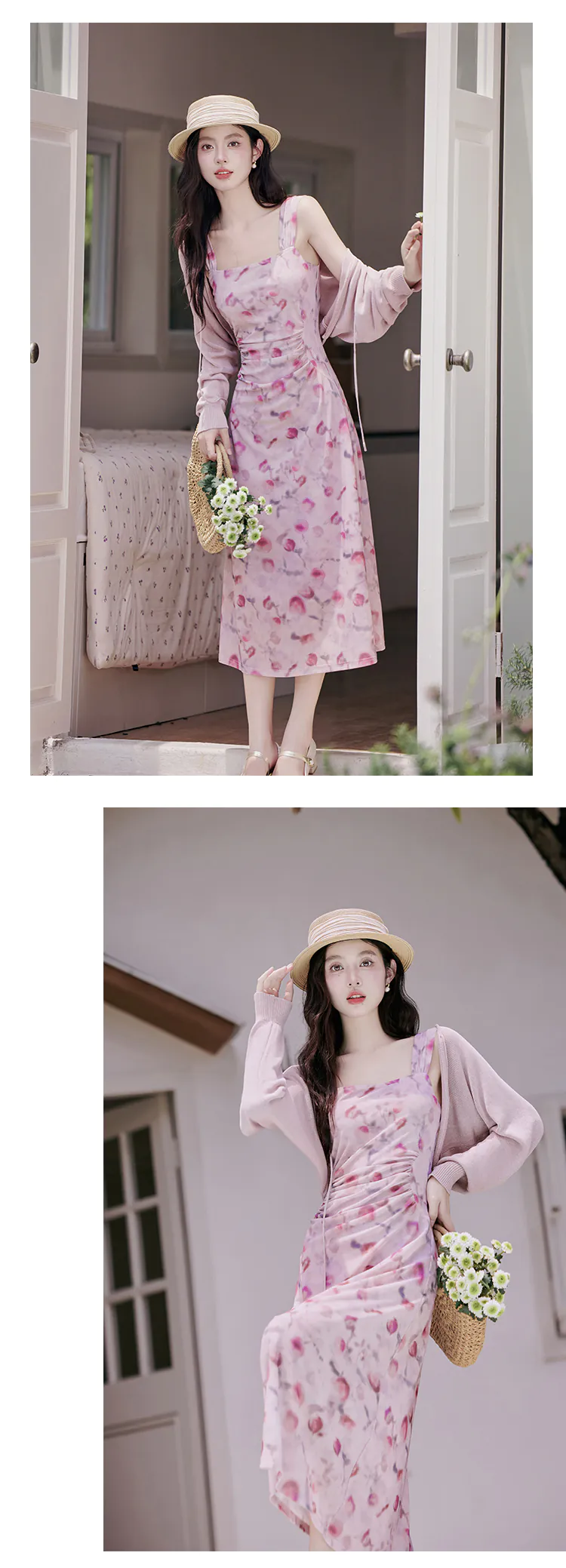 Sweet-Ladies-Pink-Ombre-Floral-Print-Halter-Casual-Dress-with-Cardigan14