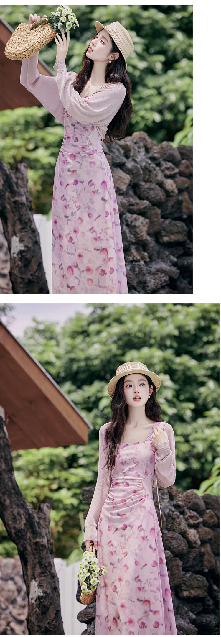 Sweet-Ladies-Pink-Ombre-Floral-Print-Halter-Casual-Dress-with-Cardigan15