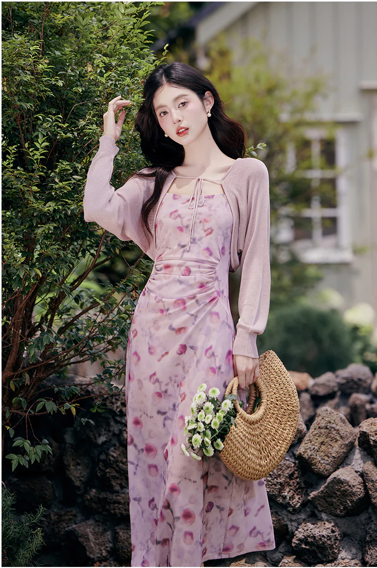 Sweet-Ladies-Pink-Ombre-Floral-Print-Halter-Casual-Dress-with-Cardigan17