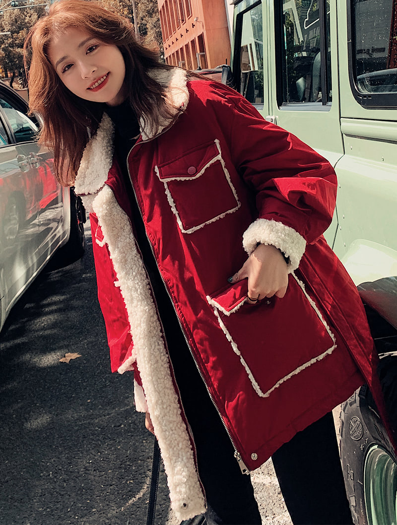 Women’s Fashion Red Cotton Coat Warm Wool Blend Outerwear01
