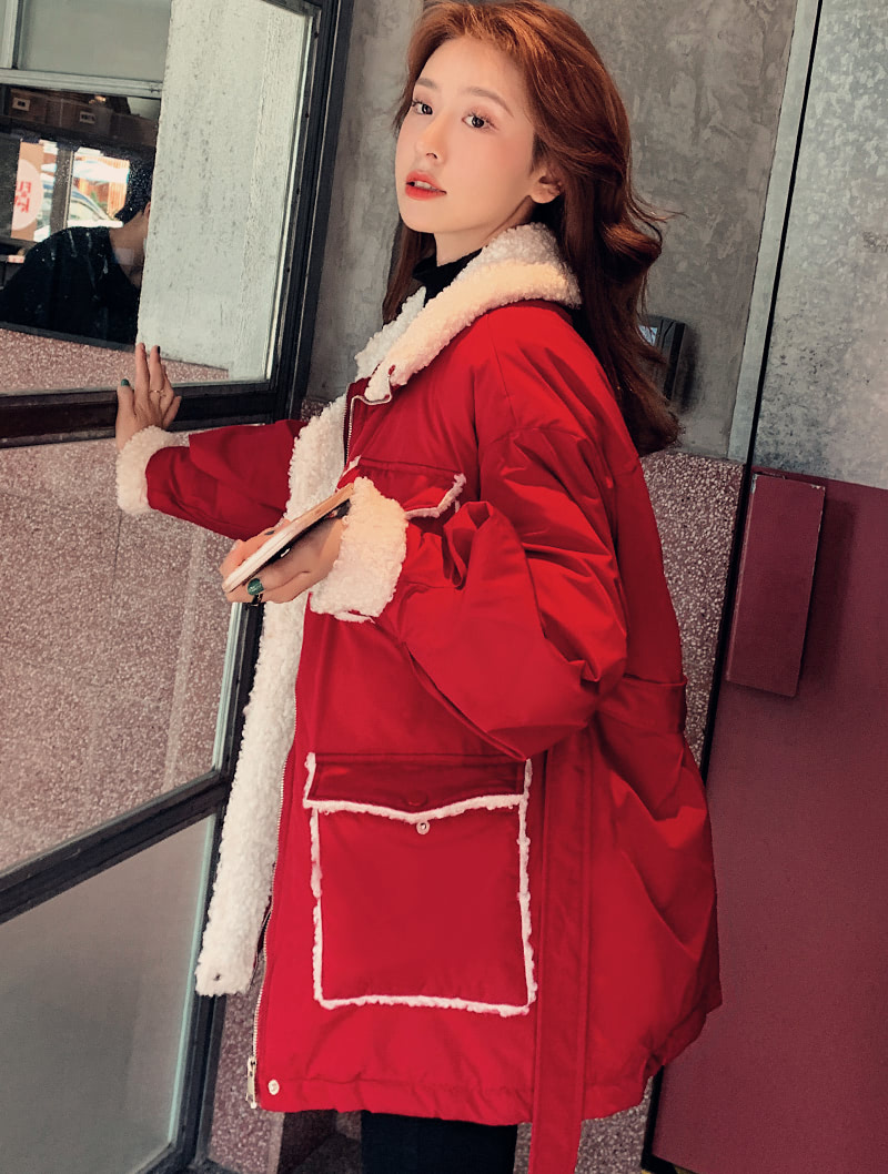 Women’s Fashion Red Cotton Coat Warm Wool Blend Outerwear01