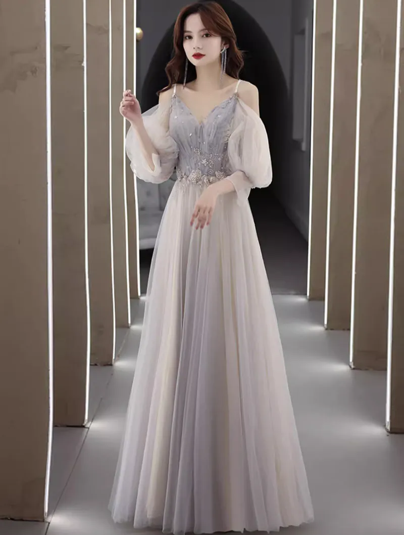 A line Gradient Tulle Embroidery Long Sleeve Banquet Prom Dress01