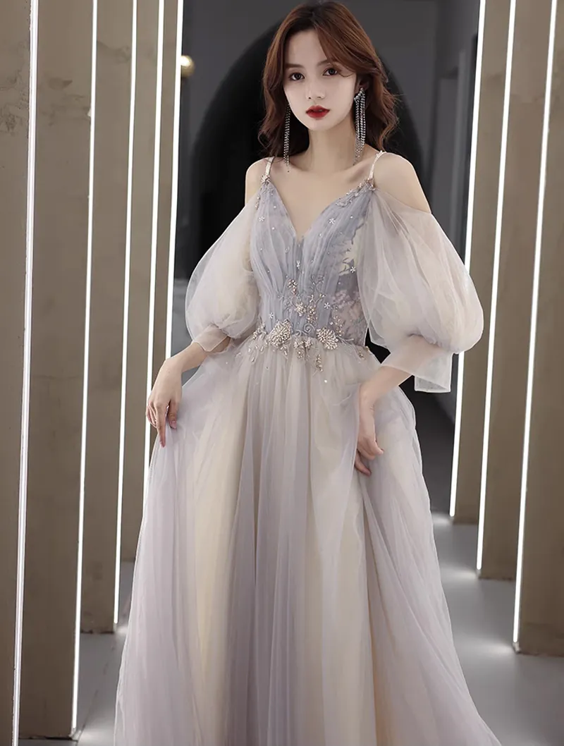 A line Gradient Tulle Embroidery Long Sleeve Banquet Prom Dress02