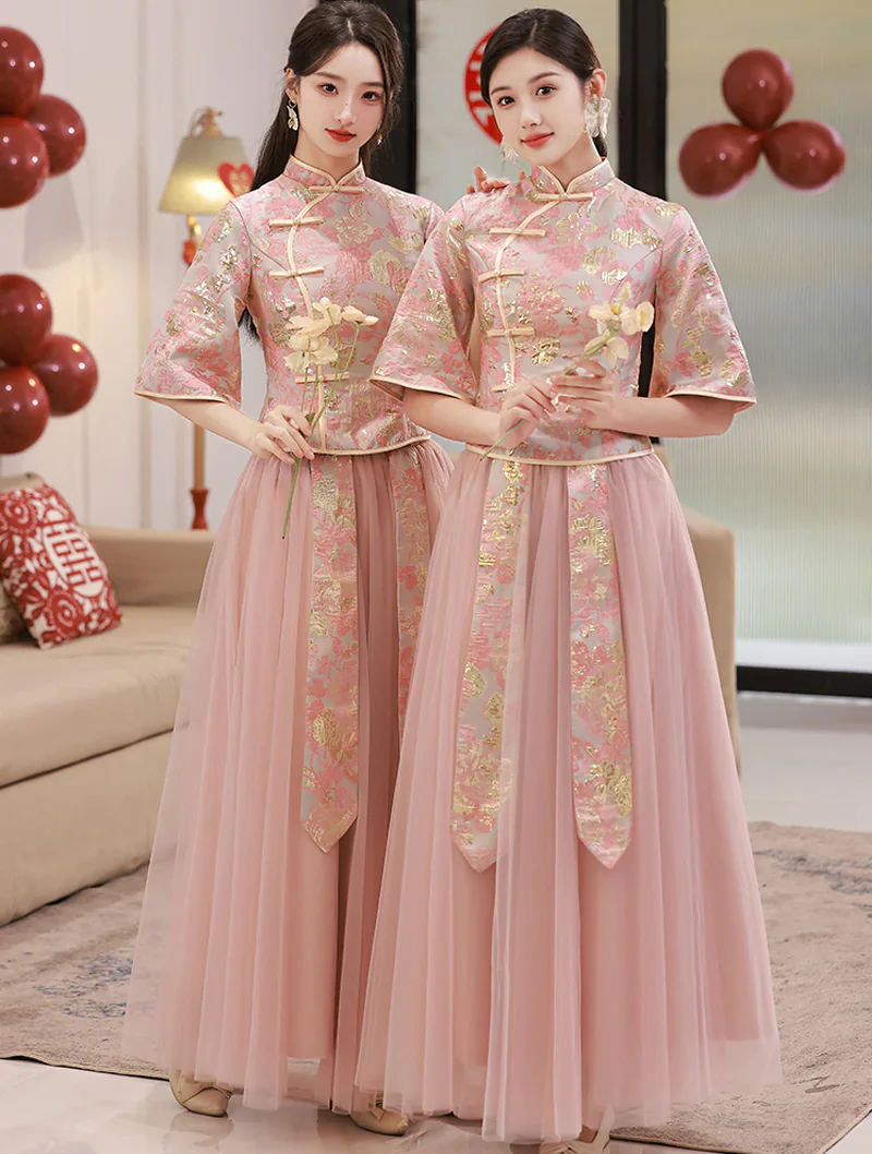 Beautiful Pink Chinese Style Wedding Bridesmaids Embroidered Dress01