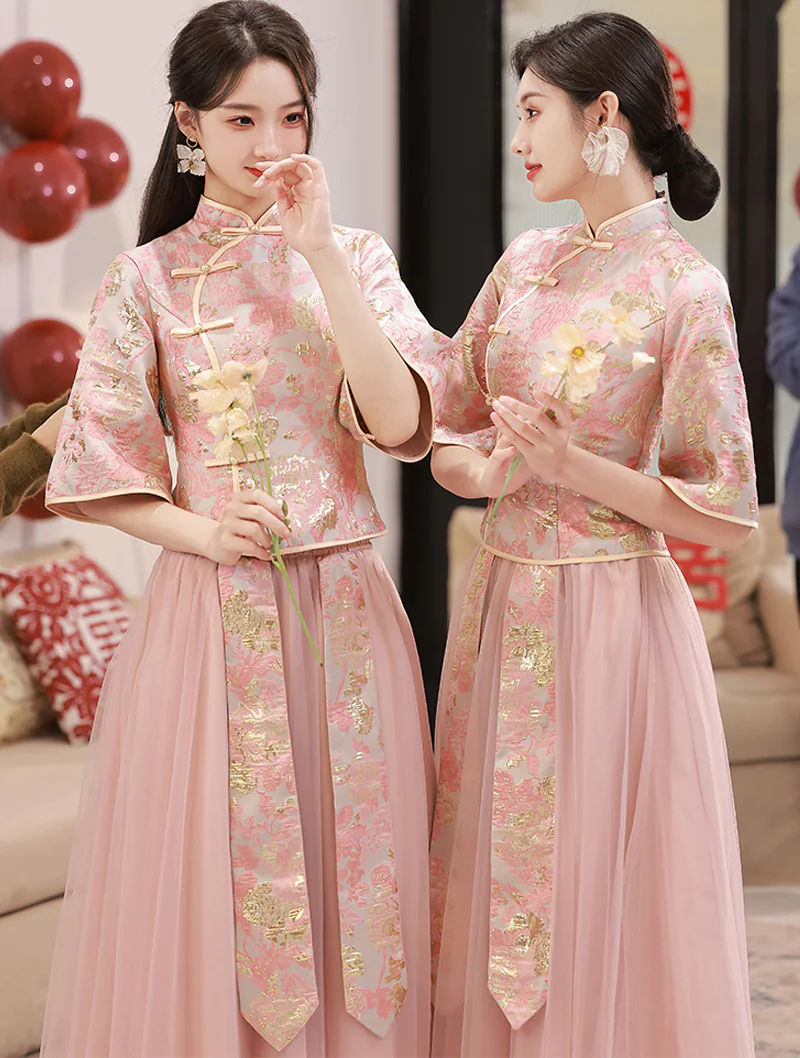 Beautiful Pink Chinese Style Wedding Bridesmaids Embroidered Dress02