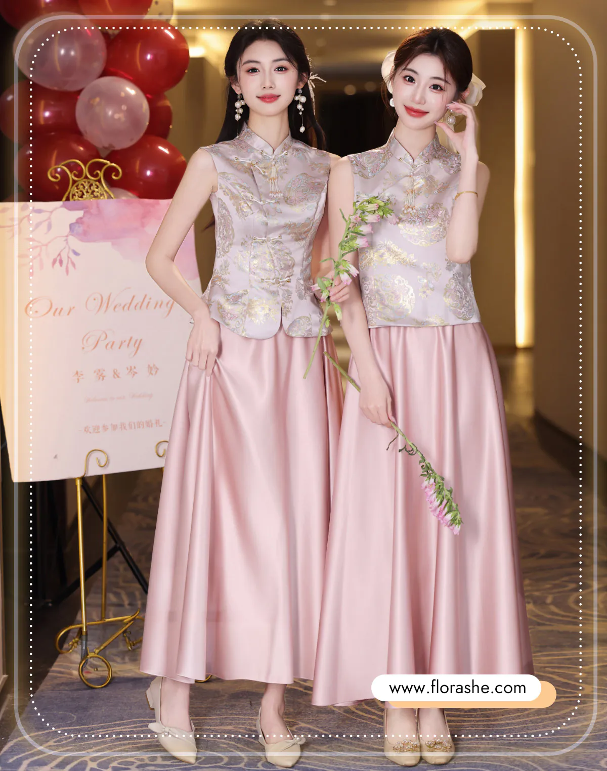 Blush-Pink-Gold-Floral-Brocade-Qipao-Top-with-Satin-Skirt-Bridesmaid-Outfit09
