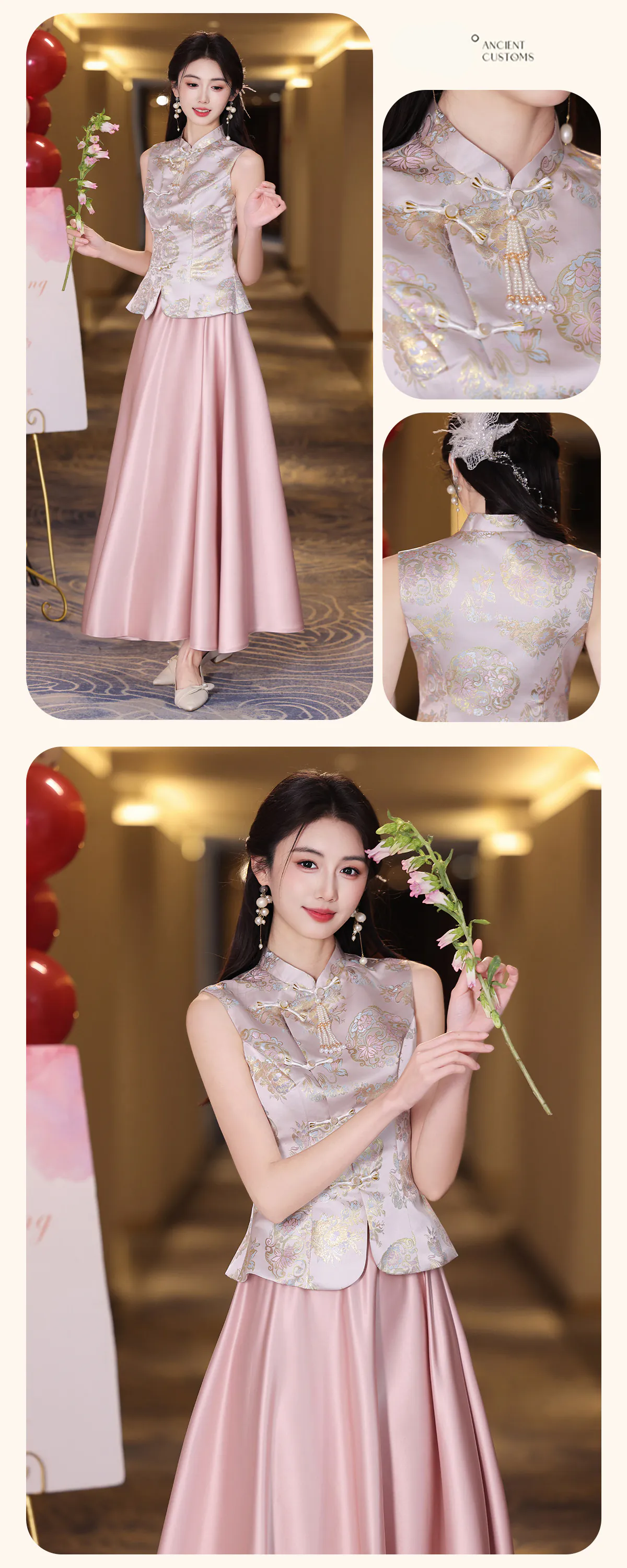 Blush-Pink-Gold-Floral-Brocade-Qipao-Top-with-Satin-Skirt-Bridesmaid-Outfit14