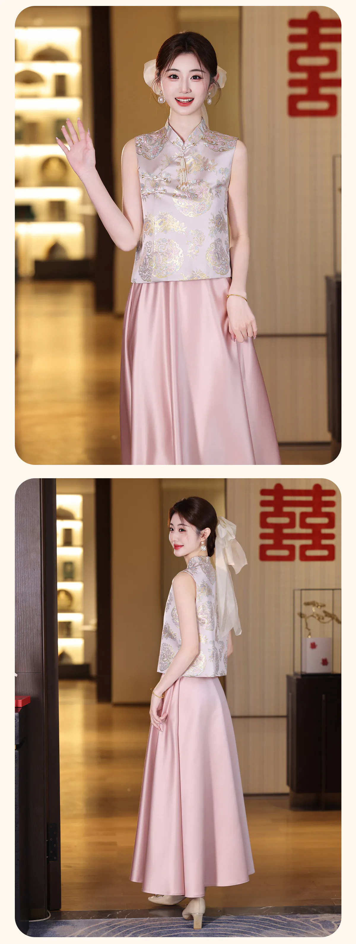 Blush-Pink-Gold-Floral-Brocade-Qipao-Top-with-Satin-Skirt-Bridesmaid-Outfit18