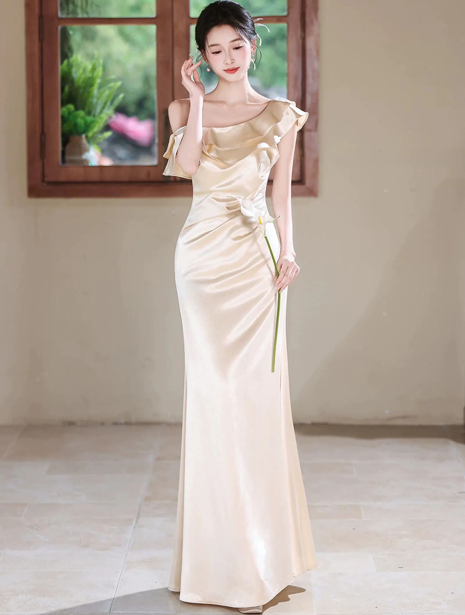 Champagne One-Shoulder Asymmetrical Ruffle Neckline Satin Evening Dress04 Champagne One Shoulder Asymmetrical Ruffle Neckline Satin Evening Dress04