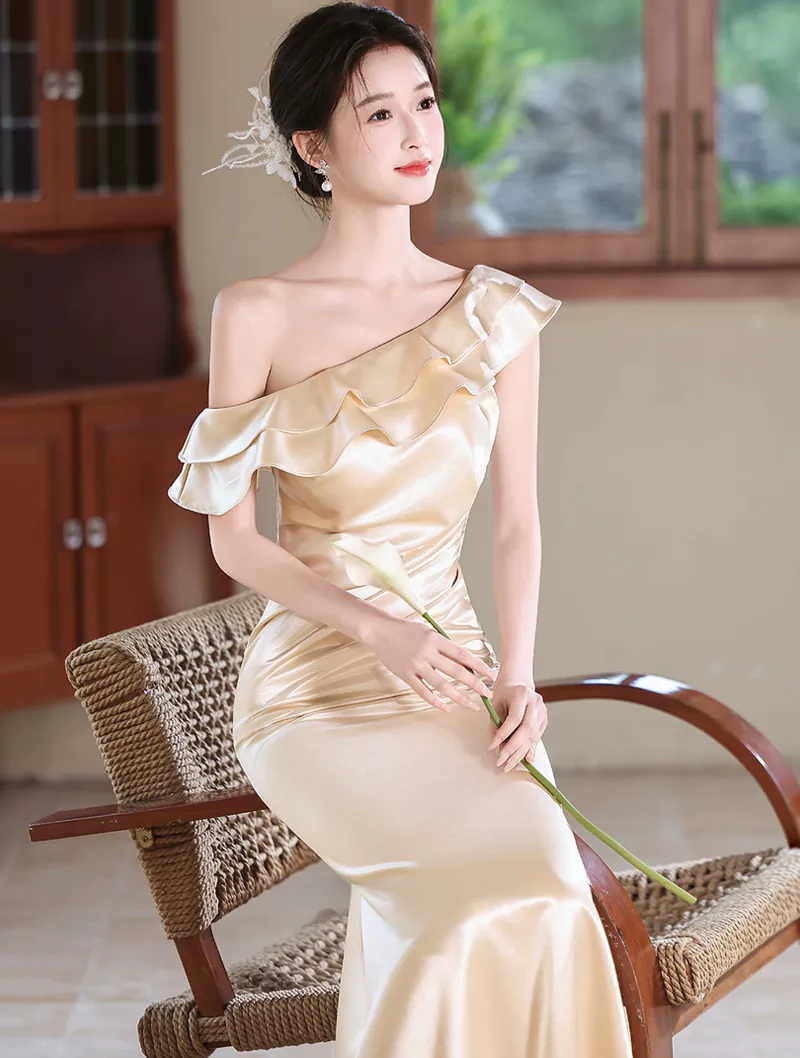 Champagne One-Shoulder Asymmetrical Ruffle Neckline Satin Evening Dress05 Champagne One Shoulder Asymmetrical Ruffle Neckline Satin Evening Dress05