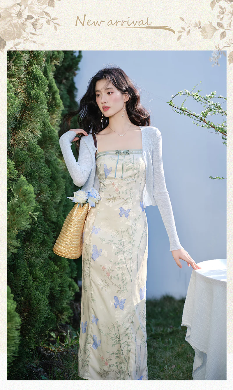 Chic-French-Butterfly-Print-Cami-Dress-with-Light-Blue-Cardigan-Set07