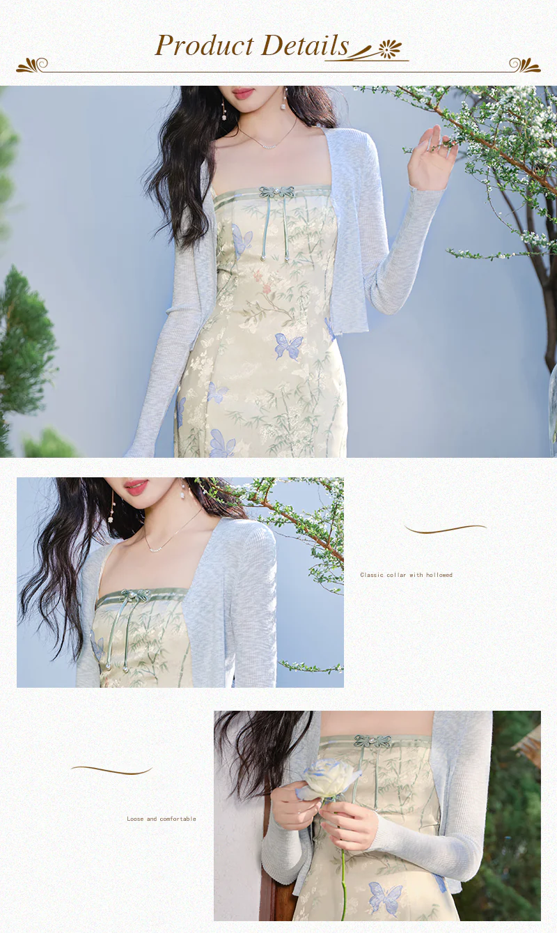 Chic-French-Butterfly-Print-Cami-Dress-with-Light-Blue-Cardigan-Set08