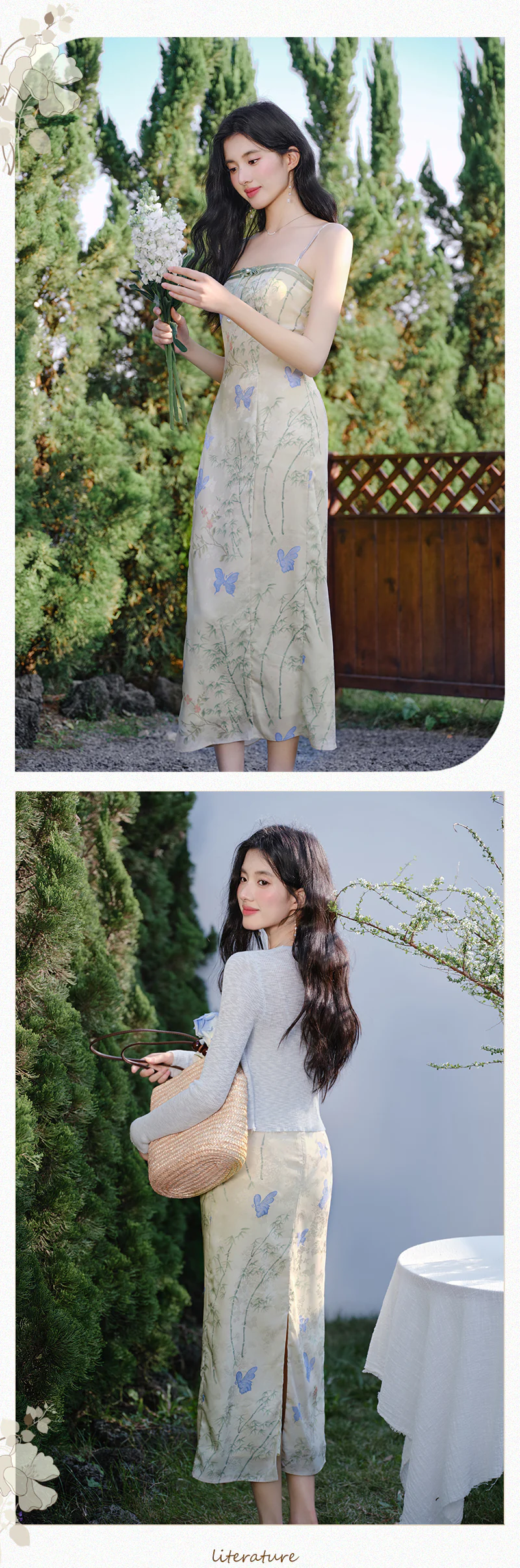 Chic-French-Butterfly-Print-Cami-Dress-with-Light-Blue-Cardigan-Set13