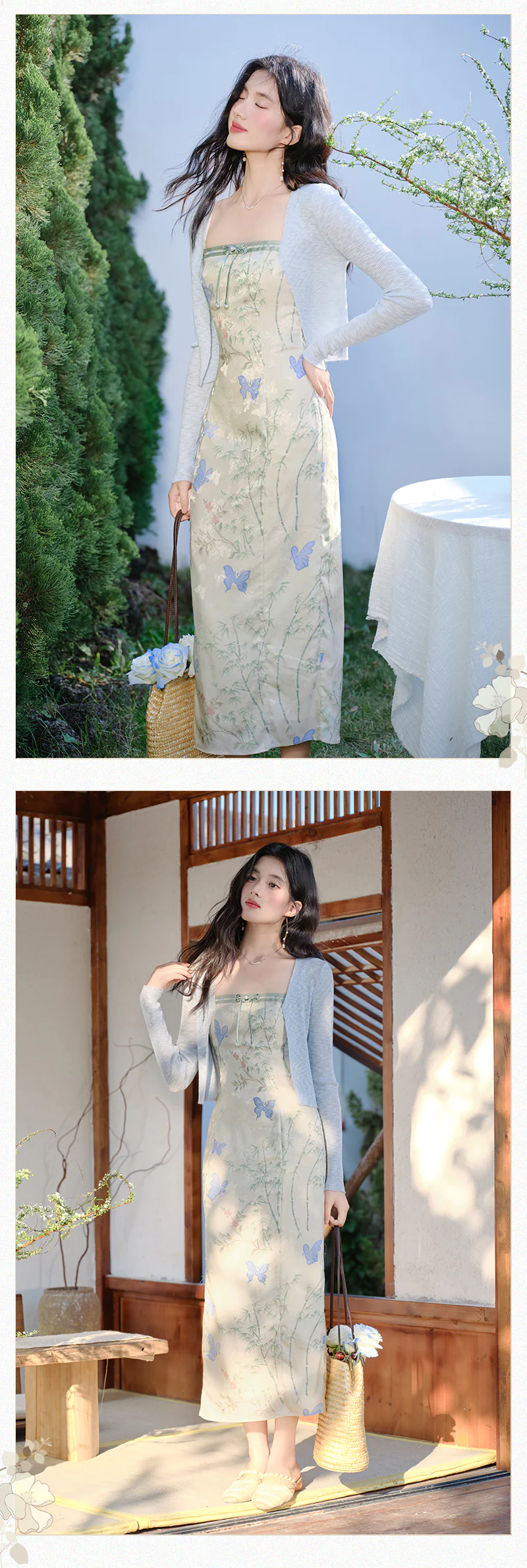 Chic-French-Butterfly-Print-Cami-Dress-with-Light-Blue-Cardigan-Set15